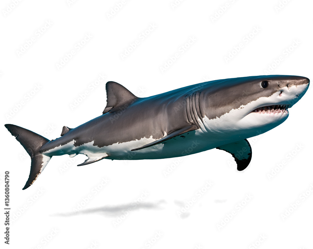 Obraz premium Majestic Great White Shark Glides Underwater, A Powerful Predator in its Natural Habitat, Revealing the Beauty and Raw Nature of Marine Life in the Deep Ocean
