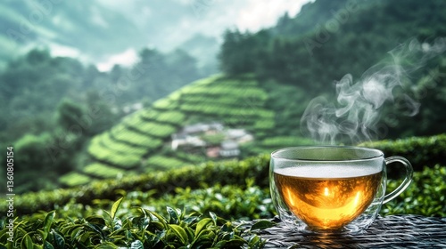 Fresh steaming tea in cup at tea plantation farm. Organic. Healthy drink.