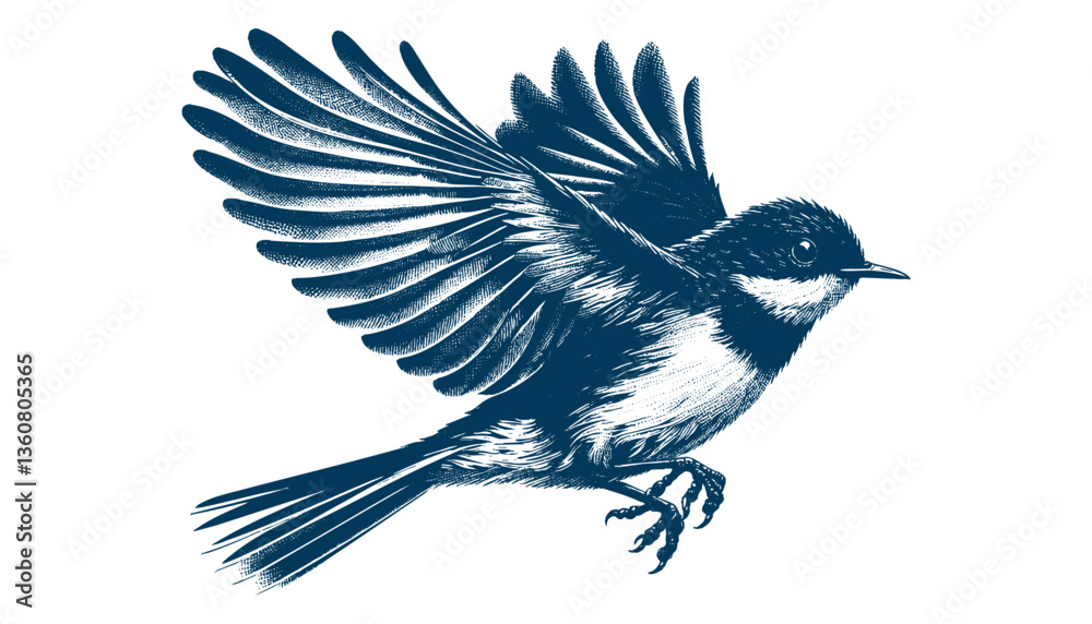 Fototapeta premium Restless flycatcher bird engraving vector illustration