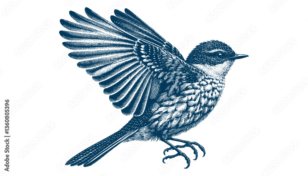 Fototapeta premium Restless flycatcher bird engraving vector illustration