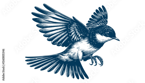 Restless flycatcher bird engraving vector illustration