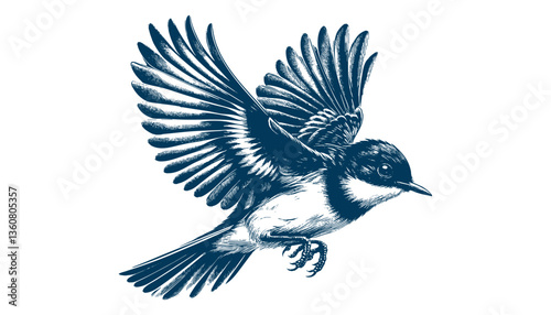 Restless flycatcher bird engraving vector illustration