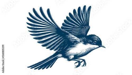 Restless flycatcher bird engraving vector illustration