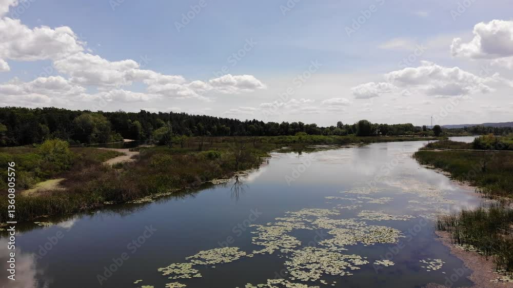 Aerial Drone View Of Serene River With Greenery And Reflections Under Blue Sky Aerial Drone View Of Serene River With Greenery And Reflections Under Blue Sky