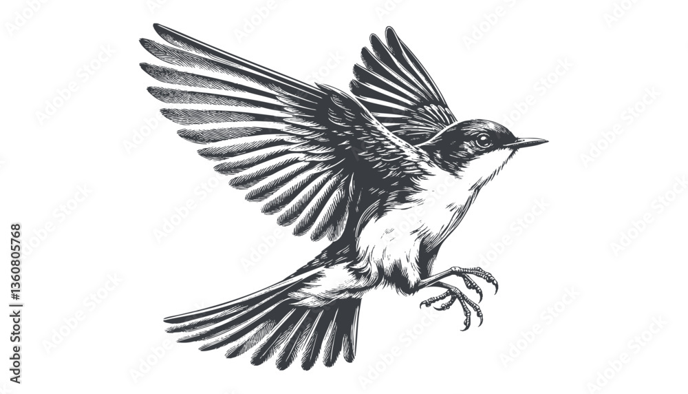 Obraz premium Restless flycatcher bird engraving vector illustration
