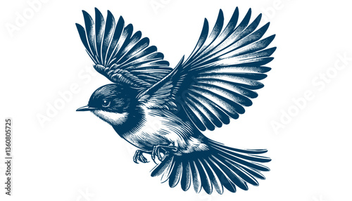 Restless flycatcher bird engraving vector illustration