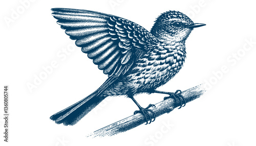 Restless flycatcher bird engraving vector illustration