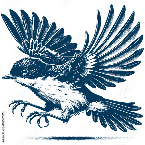 Restless flycatcher bird engraving vector illustration