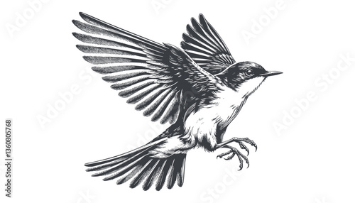 Restless flycatcher bird engraving vector illustration
