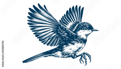 Restless flycatcher bird engraving vector illustration