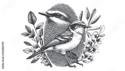 Restless flycatcher bird engraving vector illustration