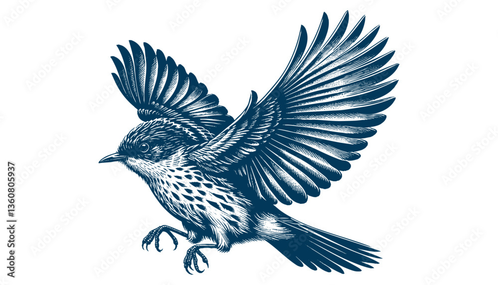 Fototapeta premium Restless flycatcher bird engraving vector illustration