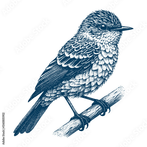 Restless flycatcher bird engraving vector illustration