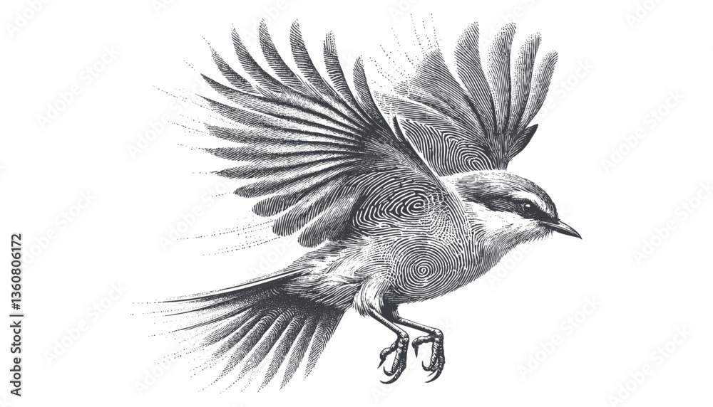 Naklejka premium Restless flycatcher bird engraving vector illustration