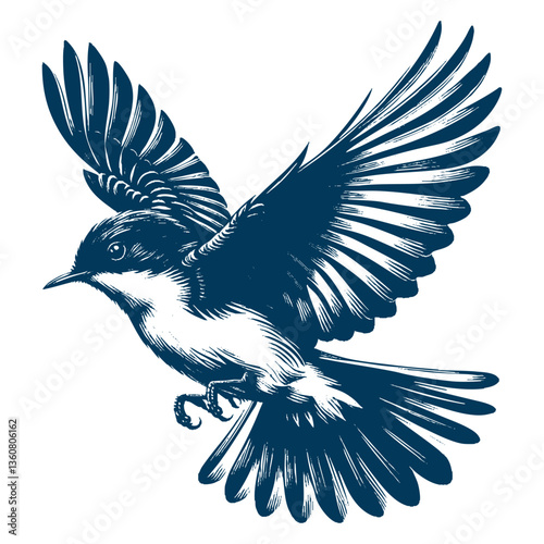 Restless flycatcher bird engraving vector illustration