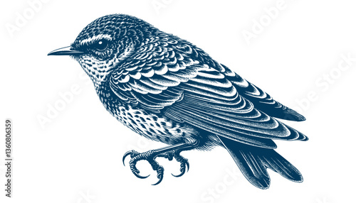 Restless flycatcher bird engraving vector illustration