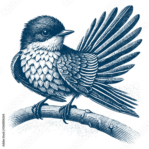 Restless flycatcher bird engraving vector illustration