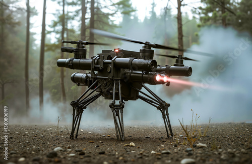 A drone with a camera attached to it in the woods