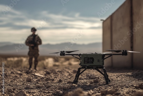 A military-grade drone is positioned on a rough terrain with a soldier blurred in the background. This image represents modern surveillance, defense technology, and tactical operations.