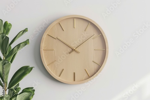 Simple wooden wall clock with brass hands displayed next to greenery in a modern room