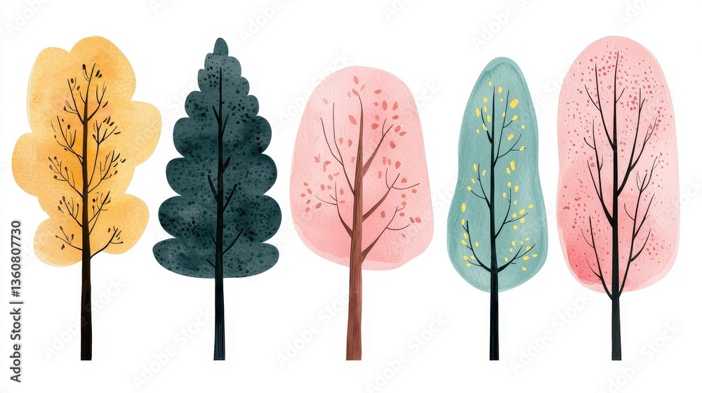 A colorful illustration featuring five stylized trees in varying shapes and hues, showcasing seasonal diversity. A colorful illustration featuring five stylized trees in varying shapes and hues, showcasing seasonal diversity.