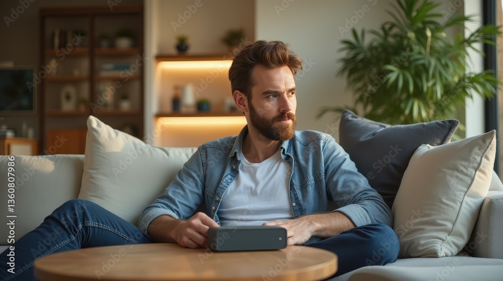 Wide view of man on light sofa with smart speaker, wooden table, warm light, modern room, greenery, serene tech life Wide view of man on light sofa with smart speaker, wooden table, warm light, modern room, greenery, serene tech life