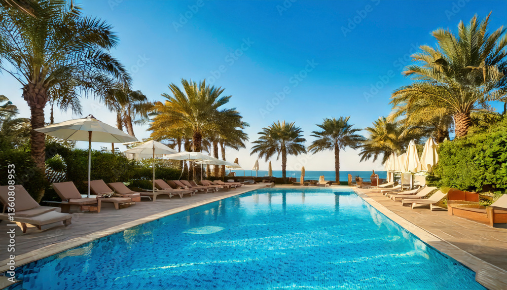 Inviting resort pool with crystalclear water surrounded by palm trees Inviting resort pool with crystalclear water surrounded by palm trees