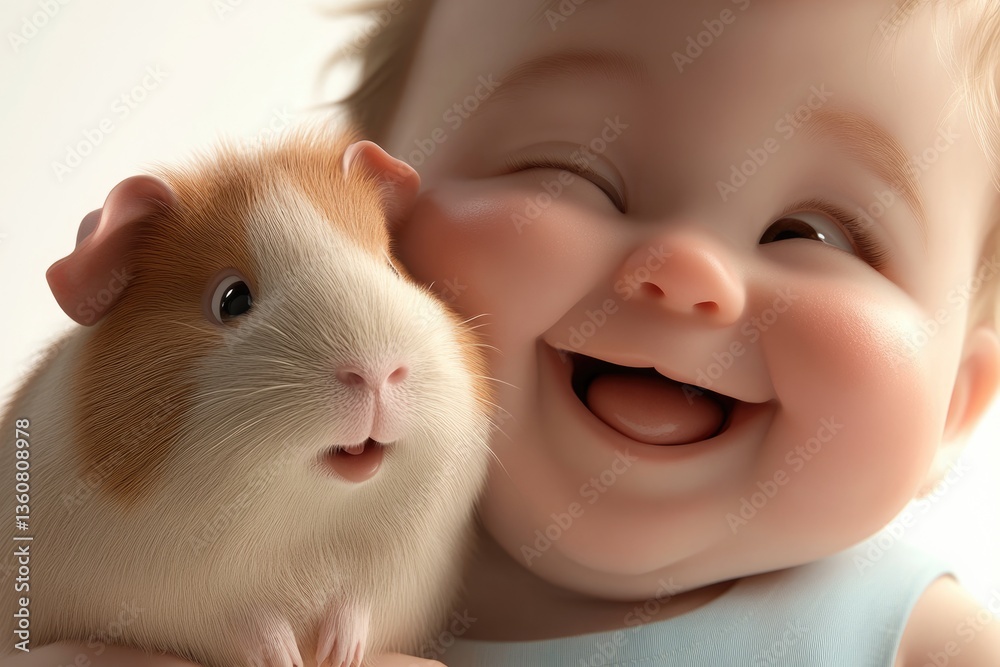 A happy baby laughs while holding an adorable guinea pig, creating a heartwarming scene of friendship and joy. A happy baby laughs while holding an adorable guinea pig, creating a heartwarming scene of friendship and joy.