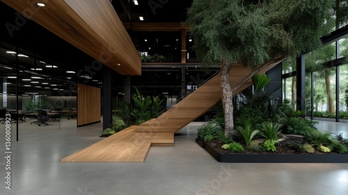 Modern office interior design with a biophilic touch.  Large, open-plan space featuring a wooden staircase.  Plenty of natural light and greenery
