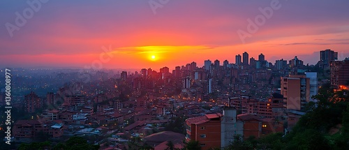 A beautiful sunset over a vibrant urban city skyline view