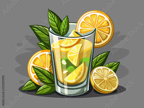 vector of Jugo de limón coctel con hojas de menta y rodajas de limón on a gray background