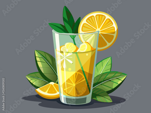 vector of Jugo de limón coctel con hojas de menta y rodajas de limón on a gray background