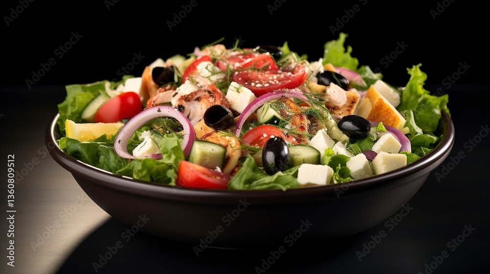 A photo of a flavorful fast-food loaded Mediterranean salad A photo of a flavorful fast-food loaded Mediterranean salad