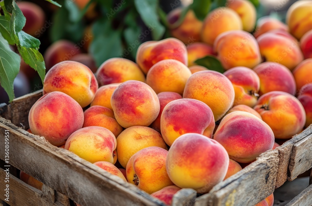 Fresh and Juicy Peaches in a Rustic Wooden Basket Surrounded by Green Leaves at a Sunny Market Setting for Summer Seasonal Themes Fresh and Juicy Peaches in a Rustic Wooden Basket Surrounded by Green Leaves at a Sunny Market Setting for Summer Seasonal Themes
