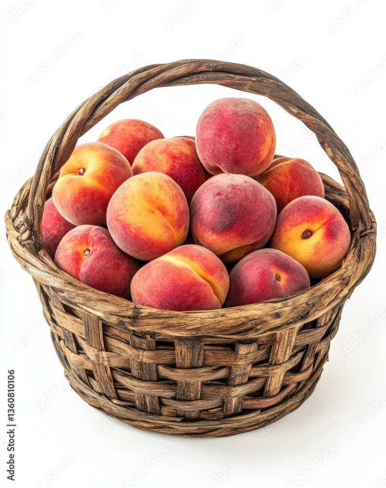 Fresh and Juicy Peaches in a Rustic Woven Basket Displaying Natural Fruits Ideal for Culinary or Farm Market Uses Fresh and Juicy Peaches in a Rustic Woven Basket Displaying Natural Fruits Ideal for Culinary or Farm Market Uses