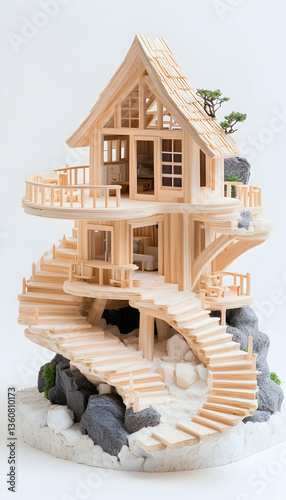 Wooden model house, spiral stairs, coastal scene, white background