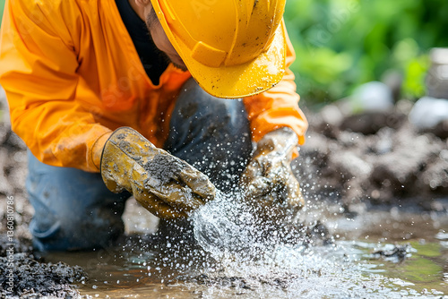 Worker examines muddy sample outdoors