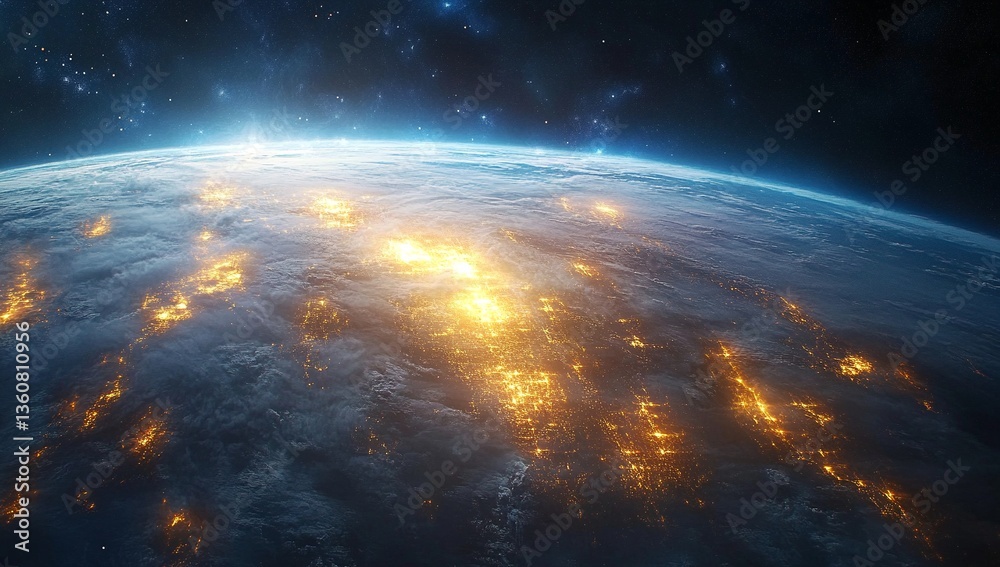 Obraz premium A breathtaking view of Earth from space, showcasing the radiant glow of city lights against the backdrop of a dark, starry sky.