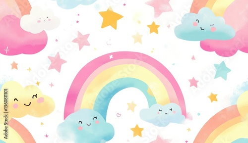 Cute Rainbow Cloud Star Pattern.