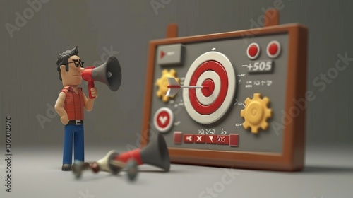 A character with a megaphone aiming at a target on a control panel symbolizing focus and preci