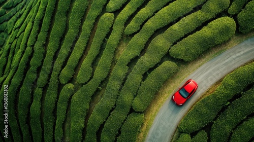 Obraz na płótnie Aerial view of a red car driving in dirt road in tea plantation farm. w salonie