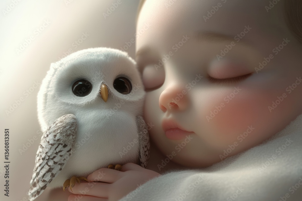 Obraz premium A sleeping baby peacefully cuddles a fluffy white owl, creating a heartwarming scene of innocence and tranquility.