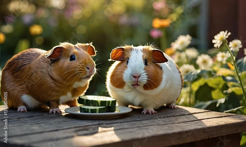 Two guinea pigs enjoy cucumber slices in a vibrant garden setting.