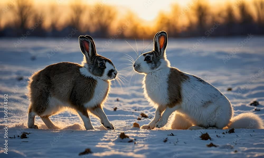 Two rabbits playing in the snow during sunset, showcasing nature's beauty and wildlife interaction.