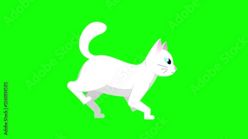 Green screen cat animation. White cat walking animation. Side view. Chroma key. 4K. Seamless loop. Perfect for video editing, advertisement, presentations, digital projects, and virtual backgrounds.