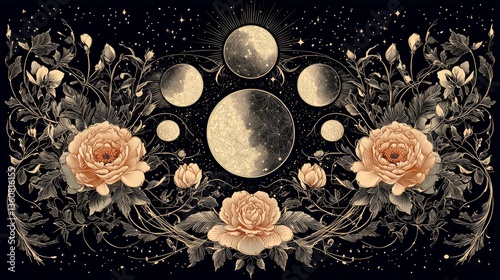 Cosmic Rose Garden: Celestial Moon Phases and Flowers in Night Sky, Elegant Gold Botanical Art Print photo
