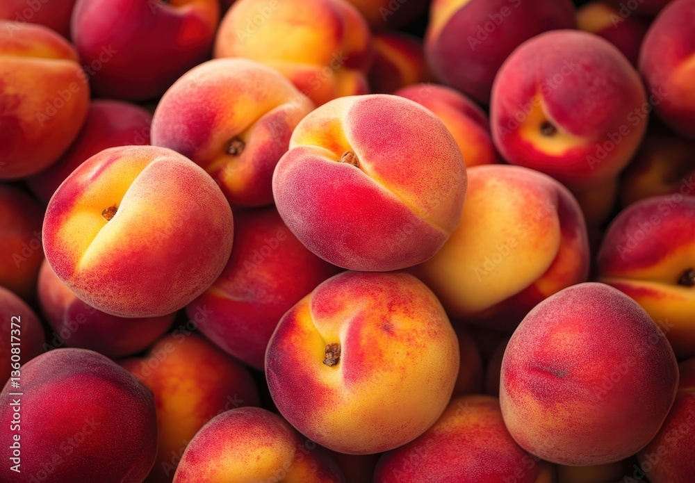Fresh and Juicy Peaches Piled Together in a Bountiful Display Showcasing Their Vibrant Color and Texture in a Market Setting Fresh and Juicy Peaches Piled Together in a Bountiful Display Showcasing Their Vibrant Color and Texture in a Market Setting