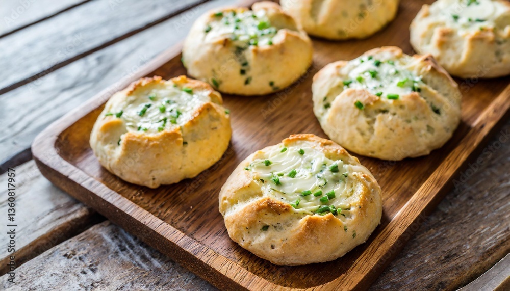 Freshly Baked Chive Biscuits with Butter Spread Captured Angled on Wooden Tray in Soft Southern Morning Glow Freshly Baked Chive Biscuits with Butter Spread Captured Angled on Wooden Tray in Soft Southern Morning Glow