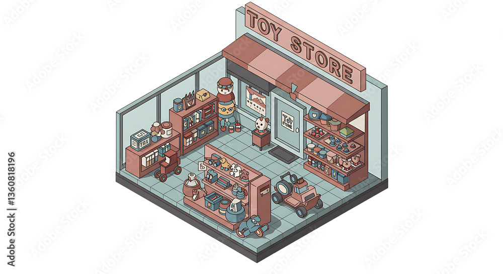 Obraz premium Isometric toy store illustration showing toys on display for sale