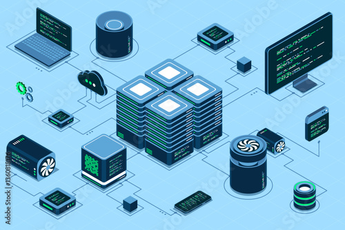 Computer technology isometric illustration. Computation of big data center. Cloud computing. Online devices upload and download information. Isometric technology